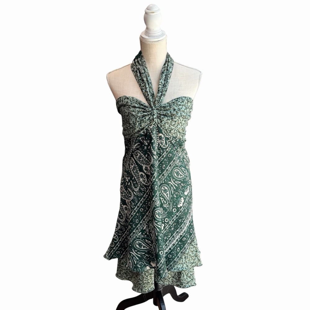 Vintage 100% Silk Halter Dress Green Paisley Floral Handkerchief Hem Boho S/M